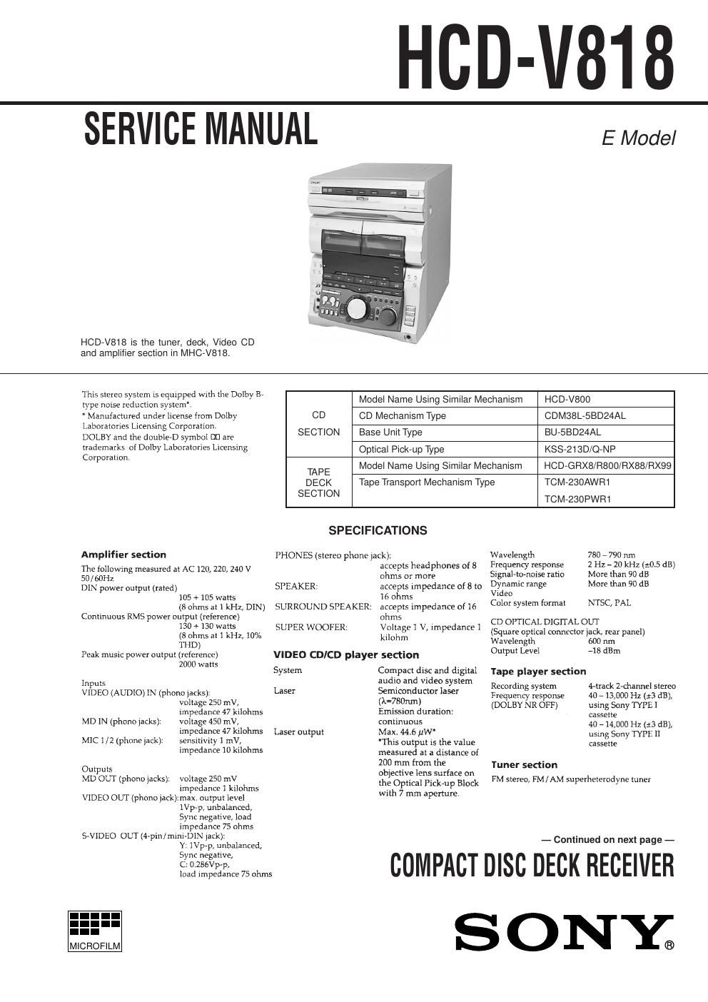 sony hcd v 818 service manual