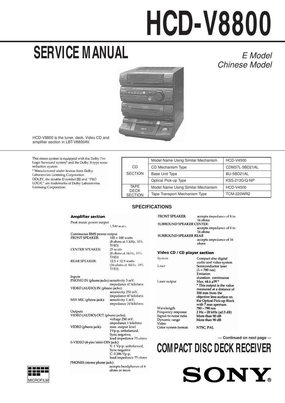 sony hcd v 8800 service manual
