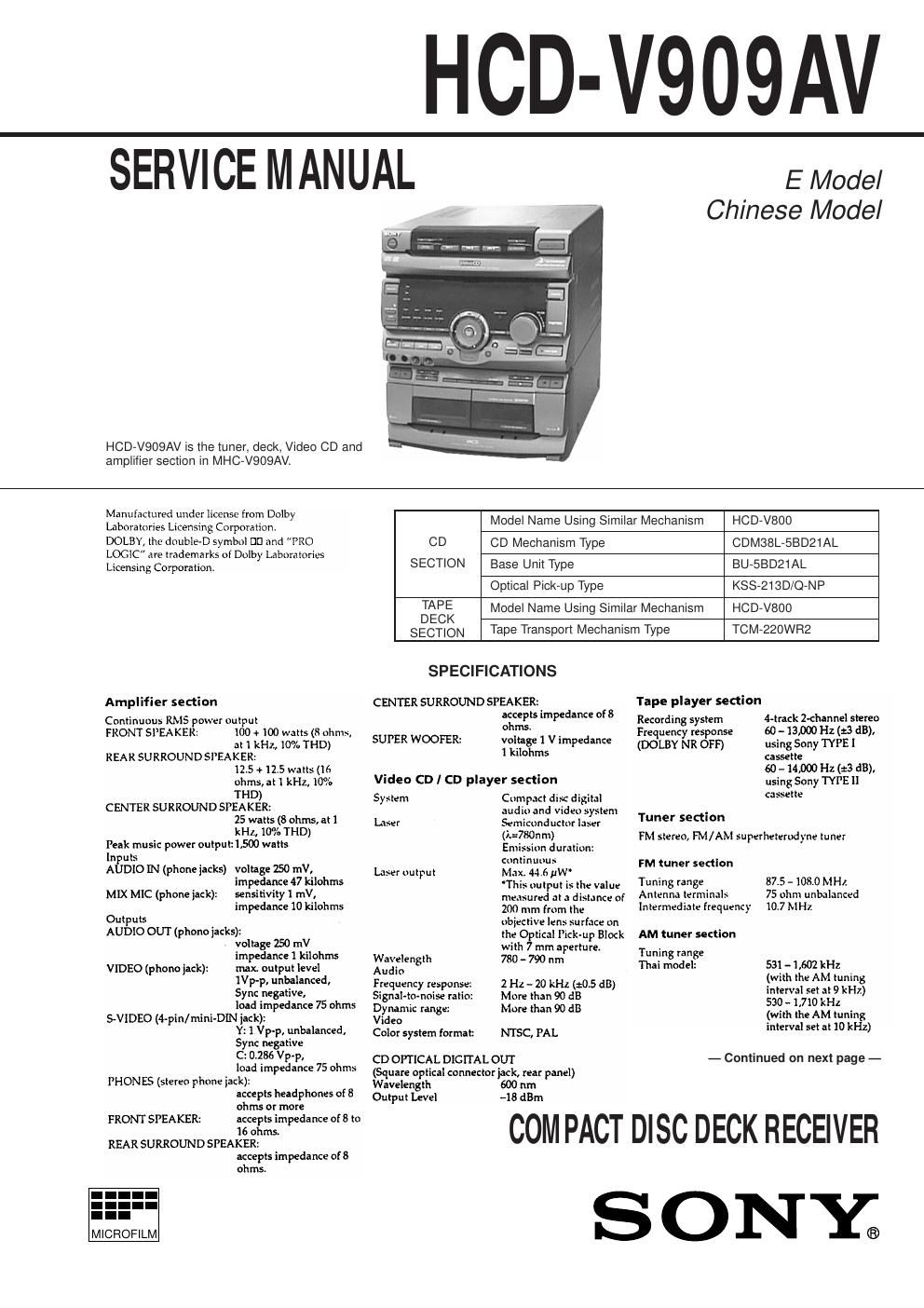 sony hcd v 909 av service manual