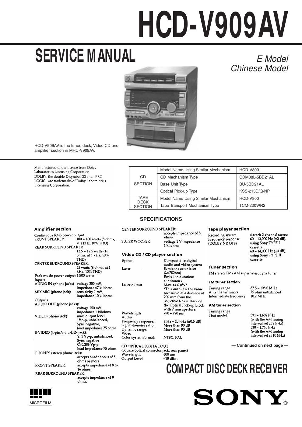 sony hcd v 909av service manual