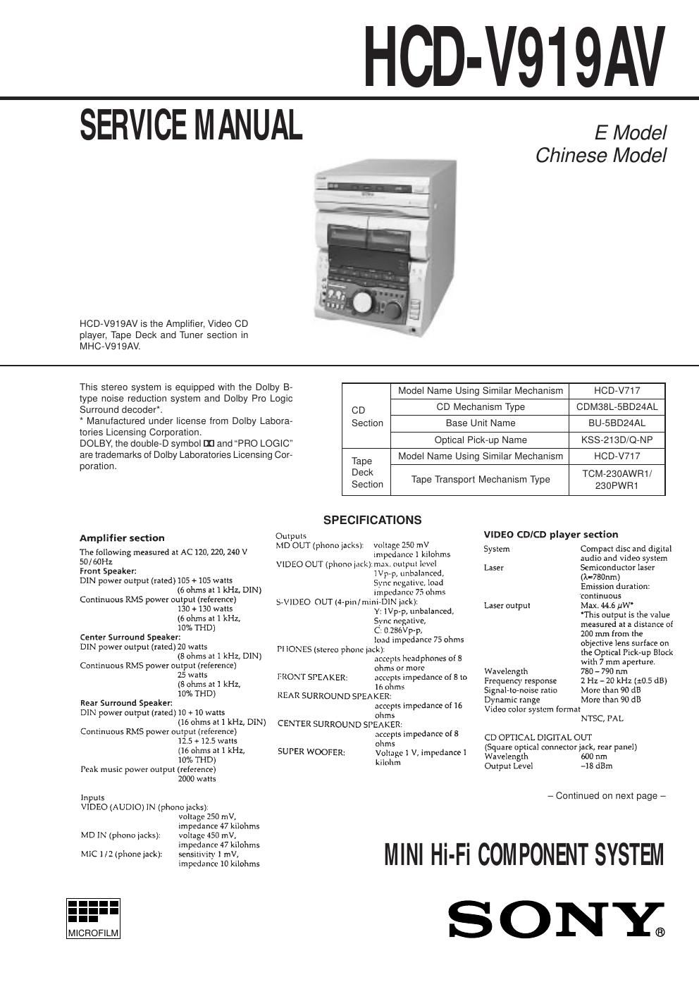 sony hcd v 919av service manual