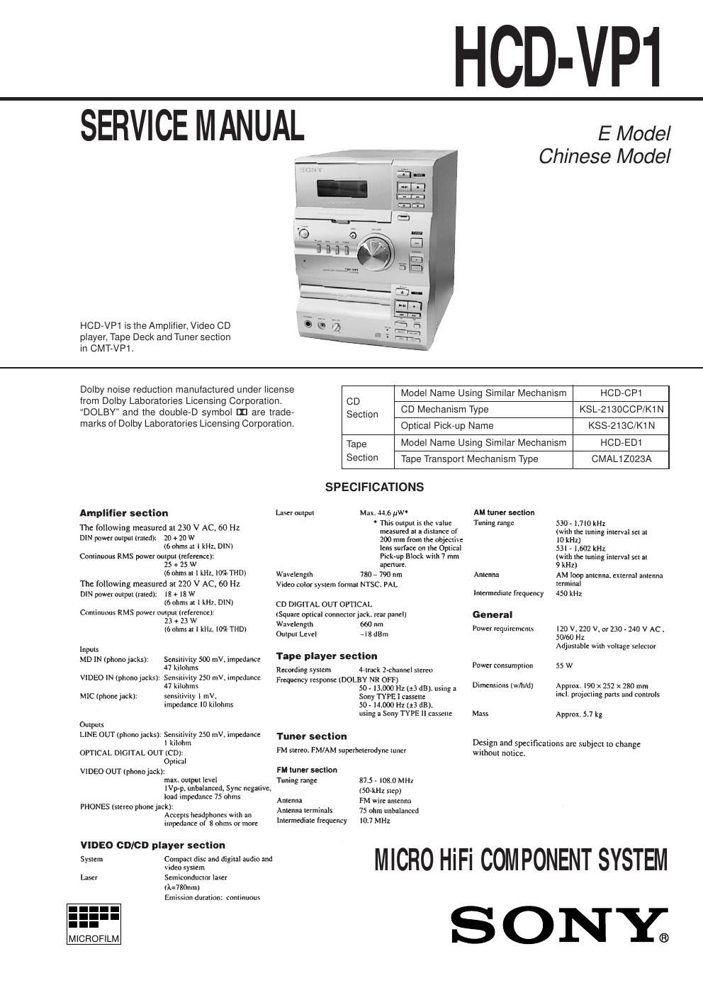 sony hcd vp 1 service manual