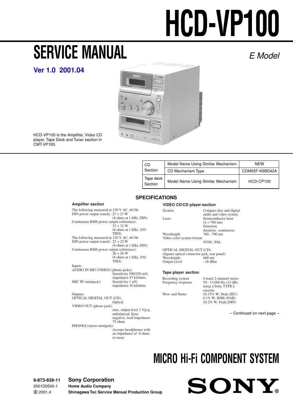 sony hcd vp 100 service manual