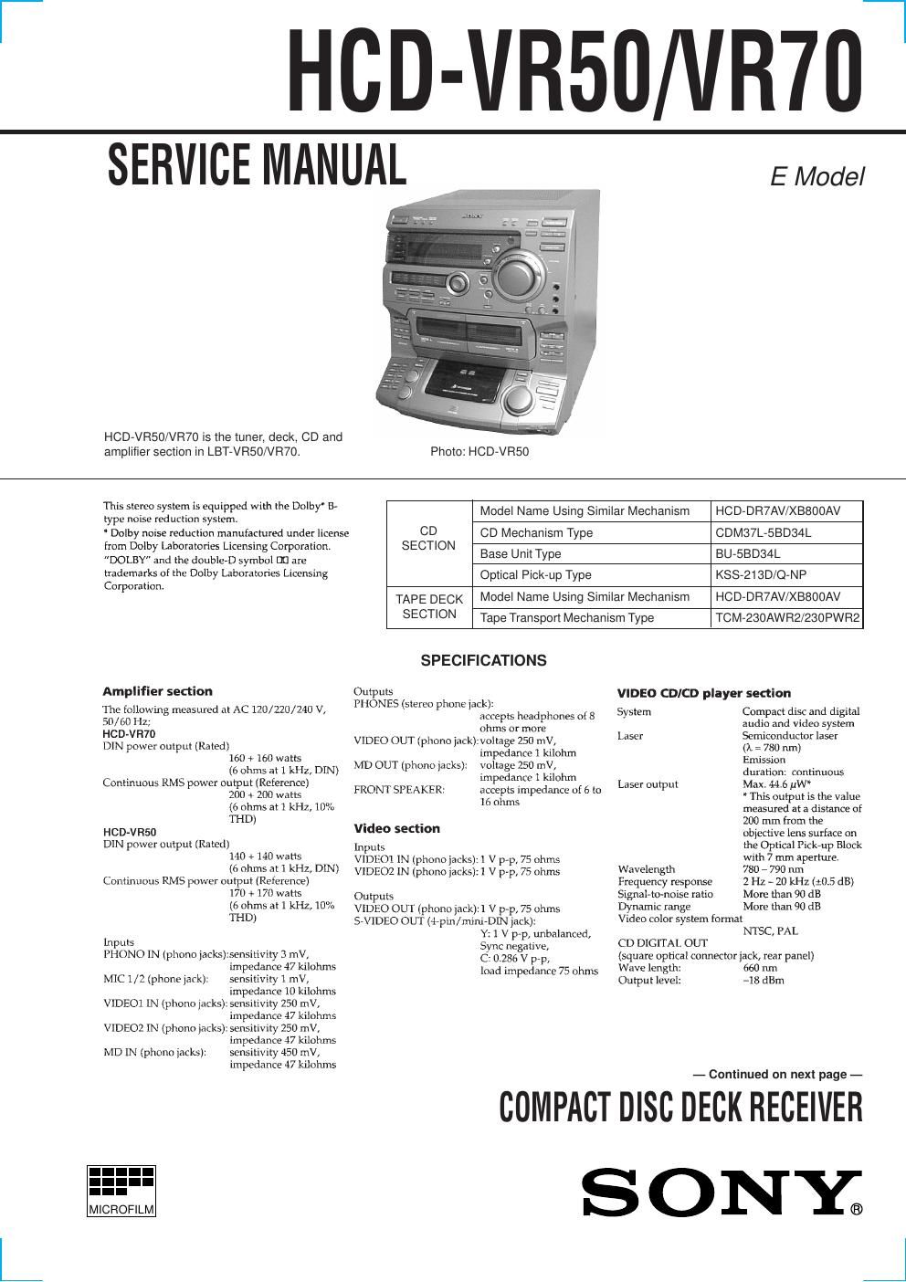 sony hcd vr50 hcd vr70