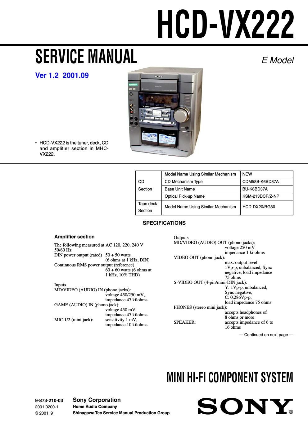 sony hcd vx 222 service manual