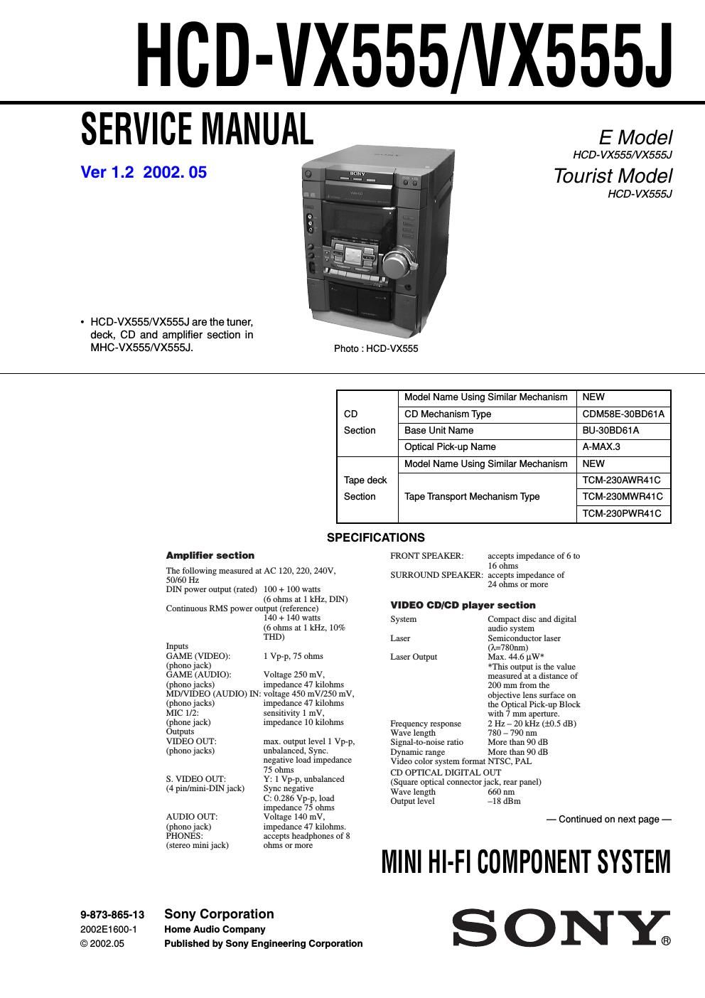 sony hcd vx 555 service manual