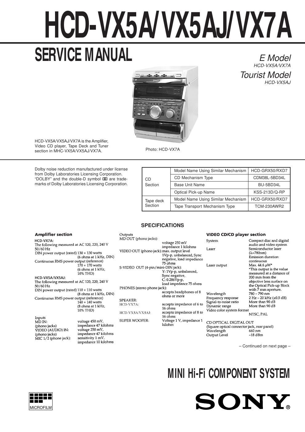 sony hcd vx 5a hcd vx 5aj hcd vx 7a