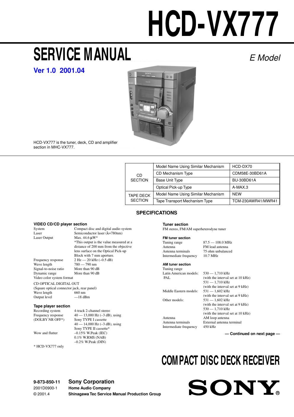 sony hcd vx 777 service manual