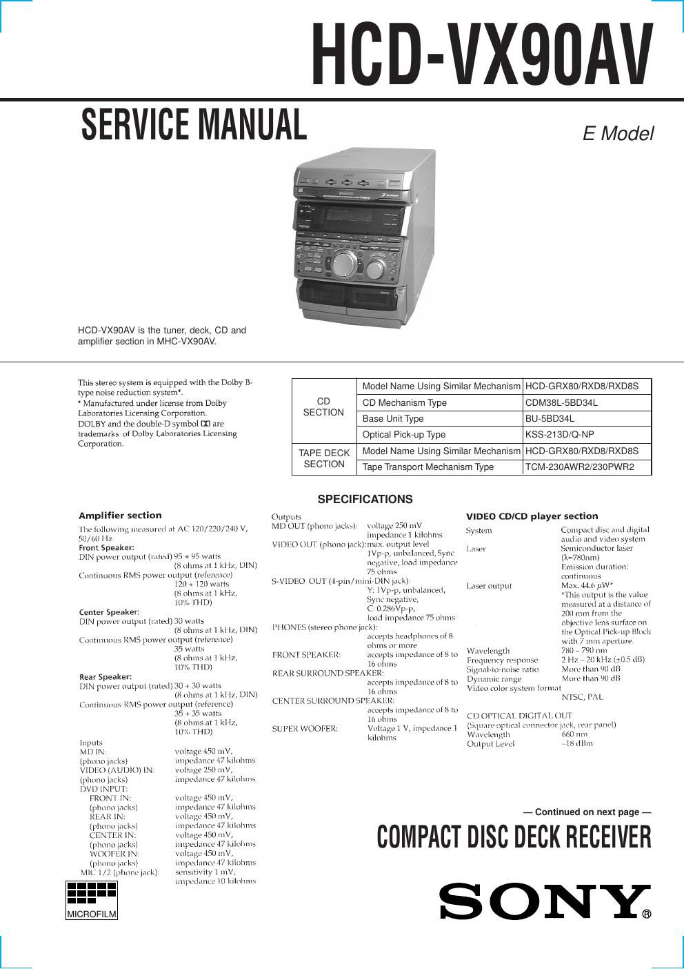 sony hcd vx 90av