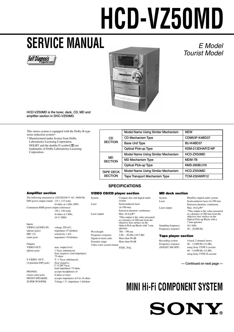 sony hcd vz 50 md service manual