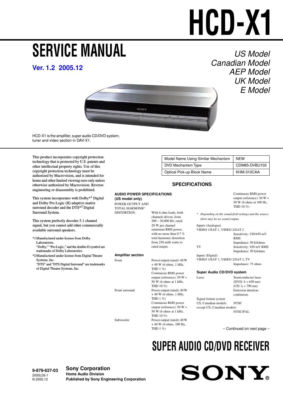 sony hcd x 1 service manual