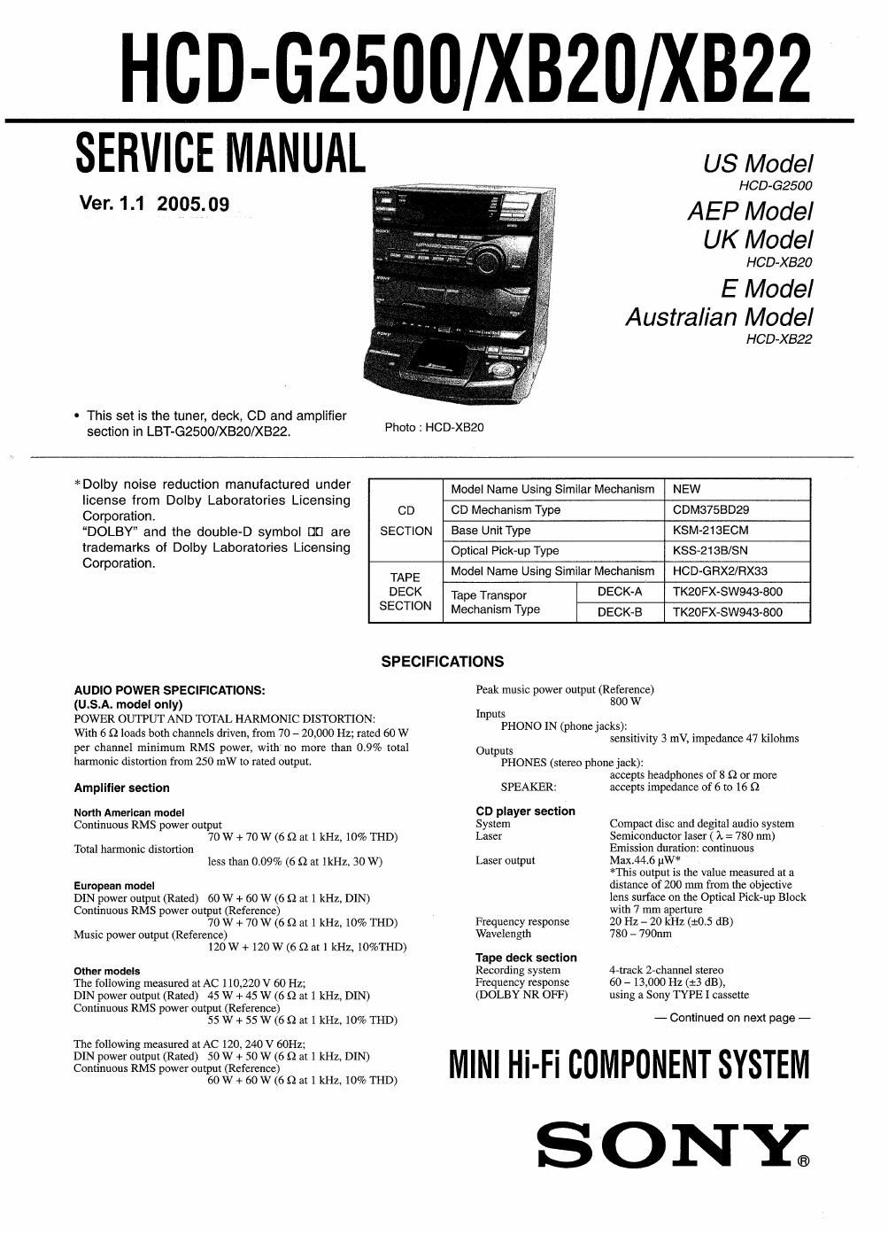 sony hcd xb 22 service manual