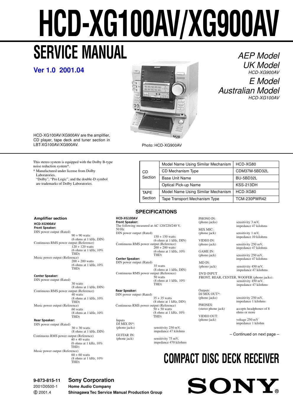 sony hcd xg 100 av service manual