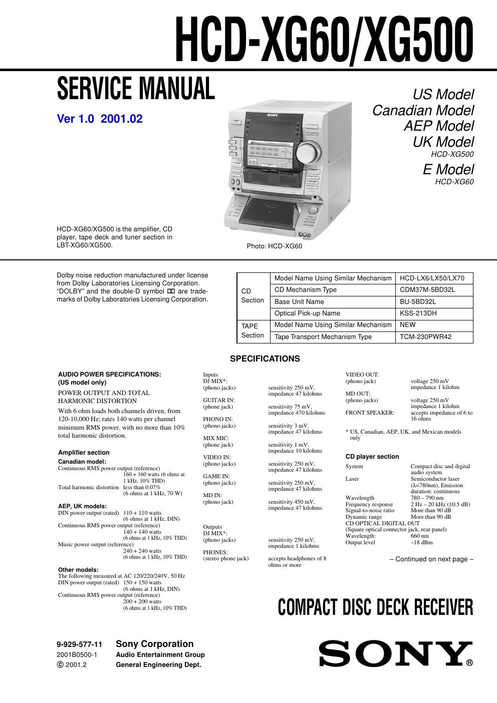 sony hcd xg 500 service manual