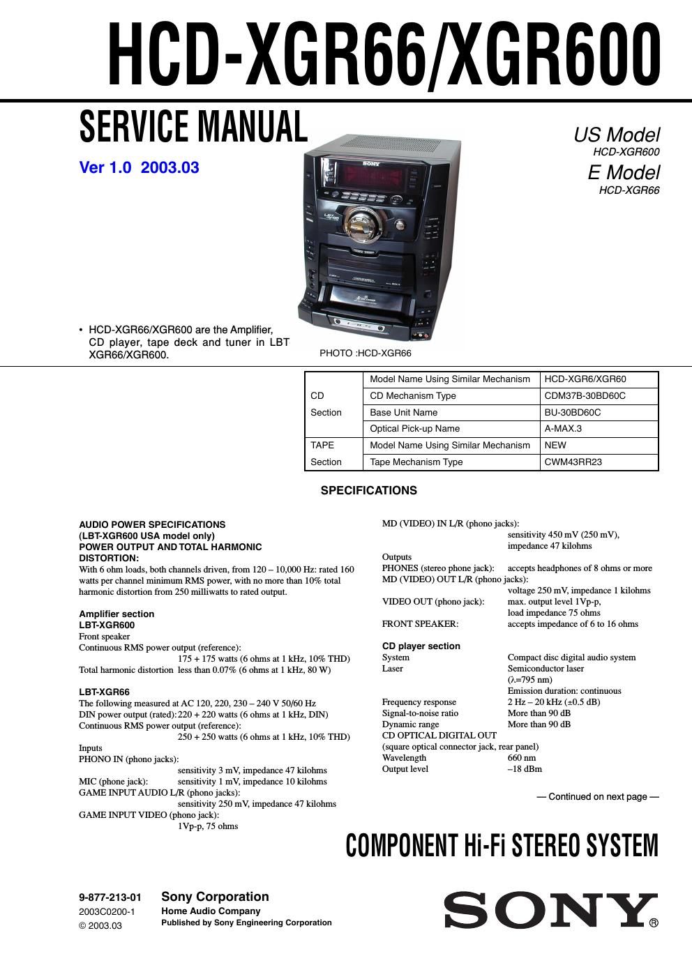 sony hcd xgr 600 service manual