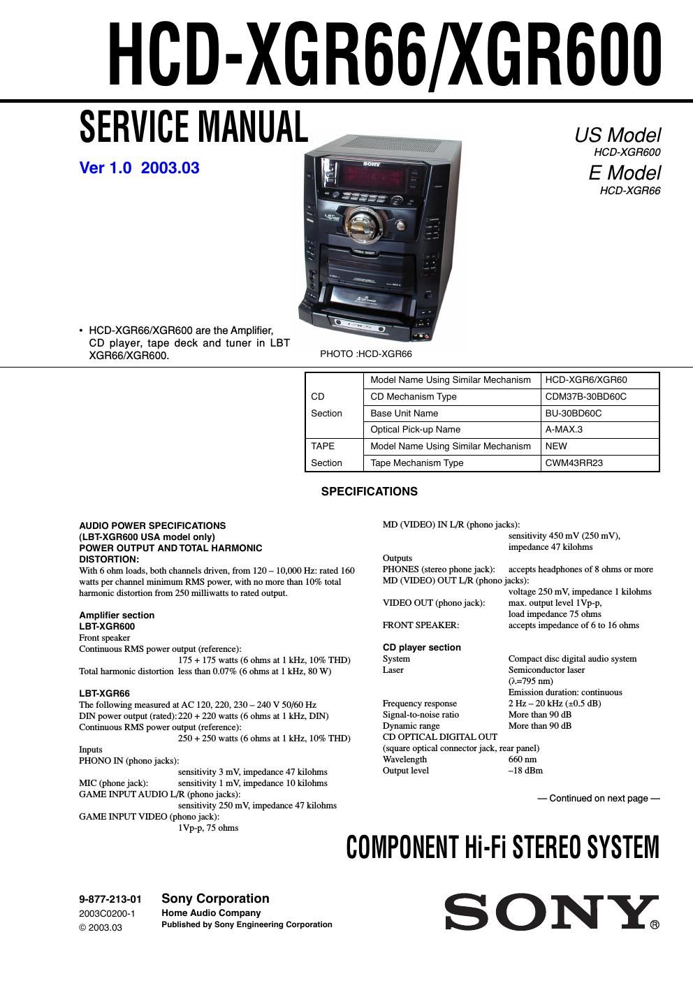 sony hcd xgr 66 service manual