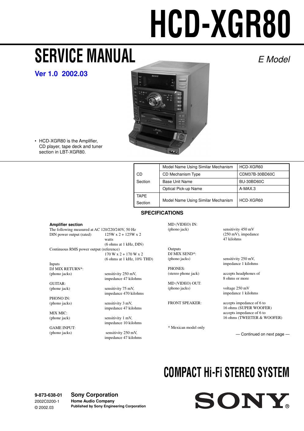 sony hcd xgr 80 service manual