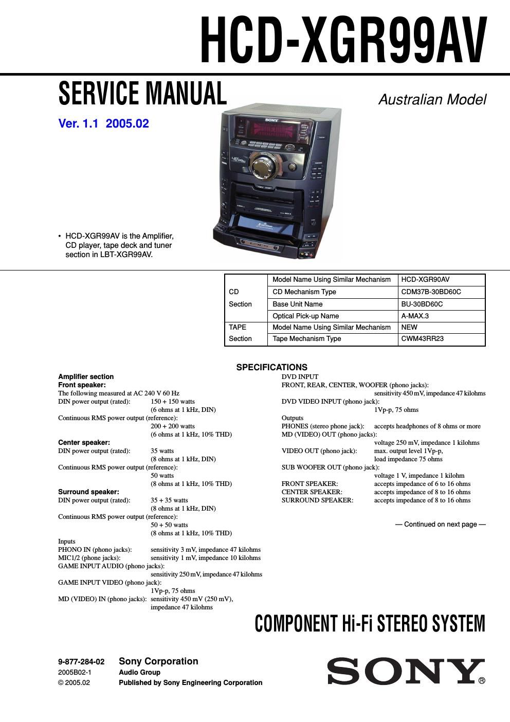 sony hcd xgr 99 av service manual