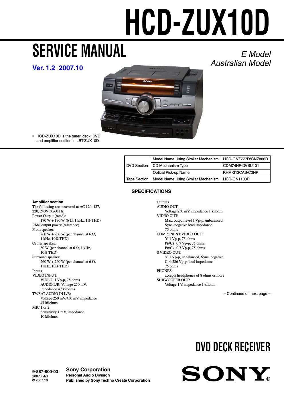 sony hcd zux 10 d service manual