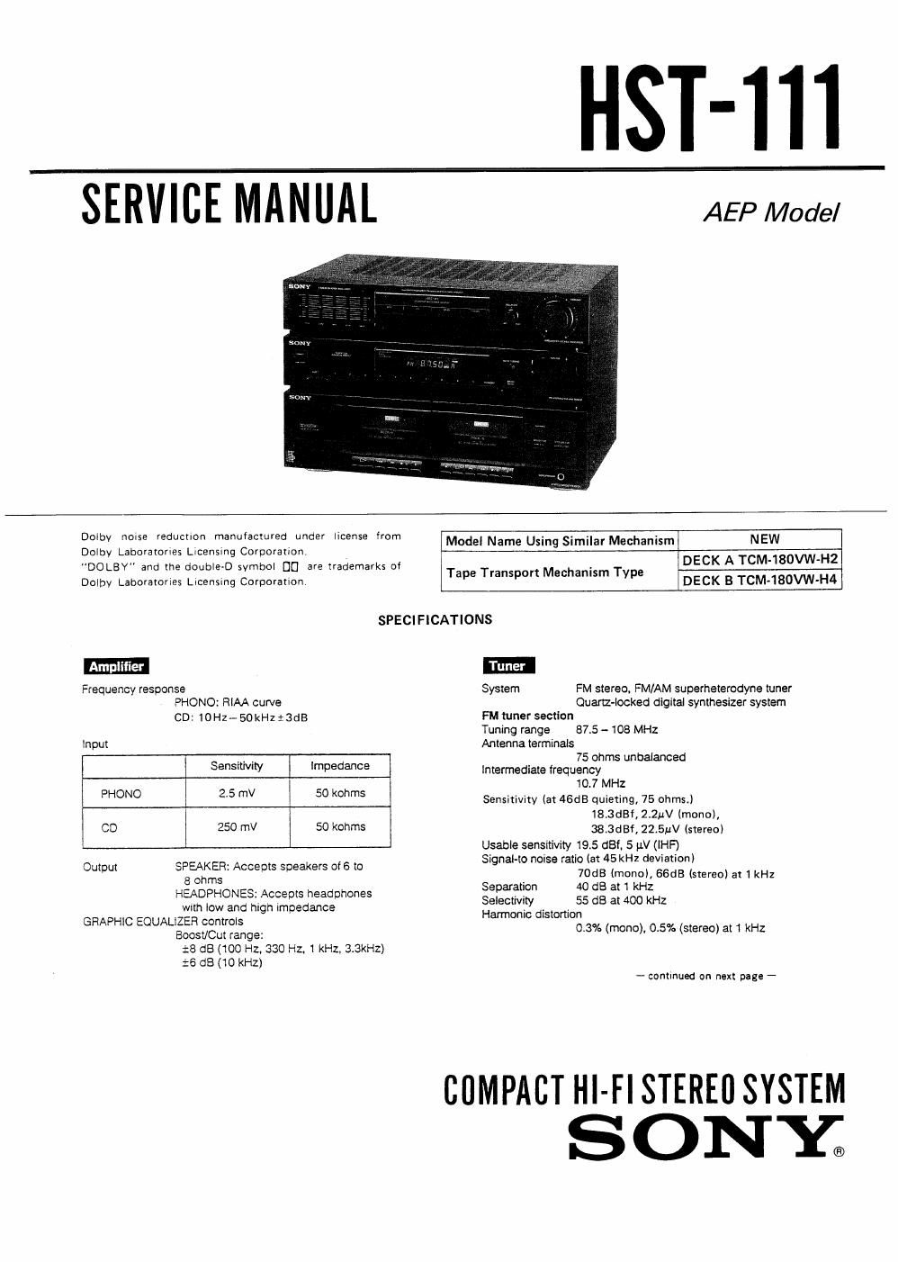 sony hst 111 service manual