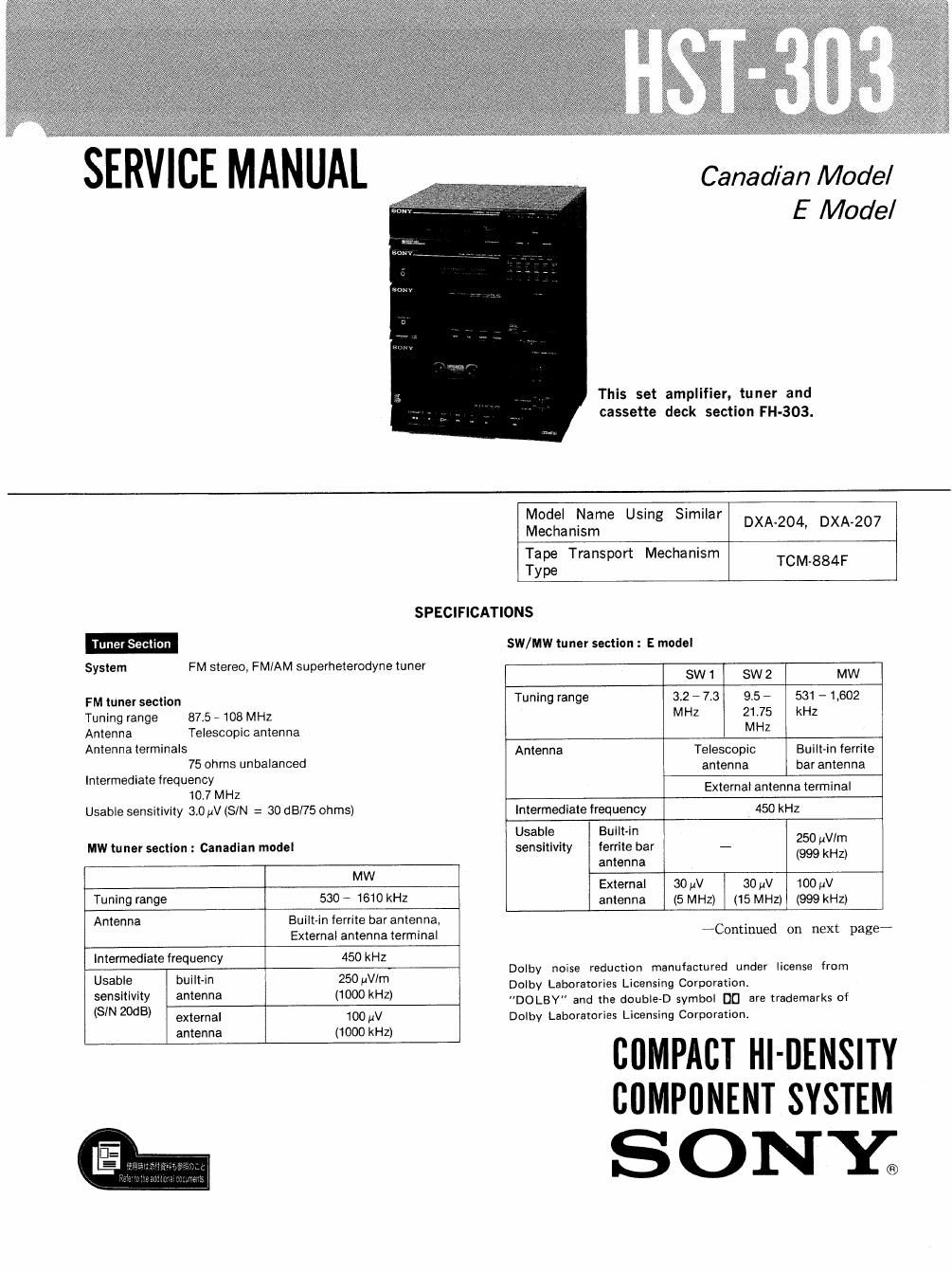 sony hst 303 service manual