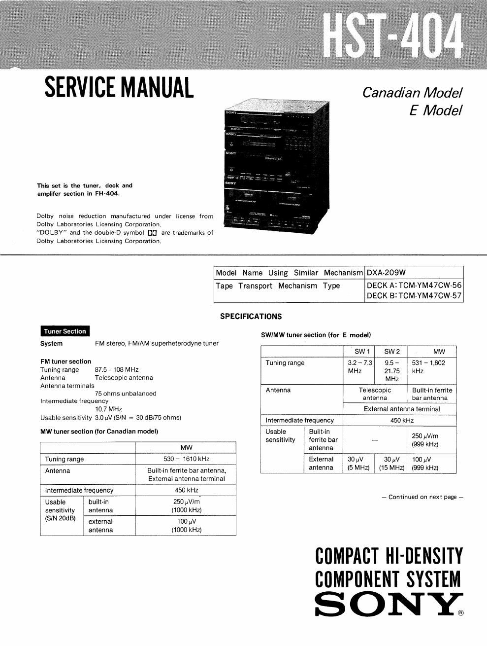 sony hst 404 service manual
