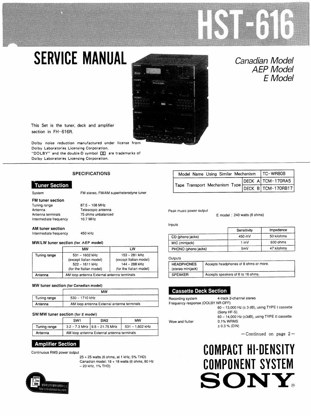 sony hst 616 service manual