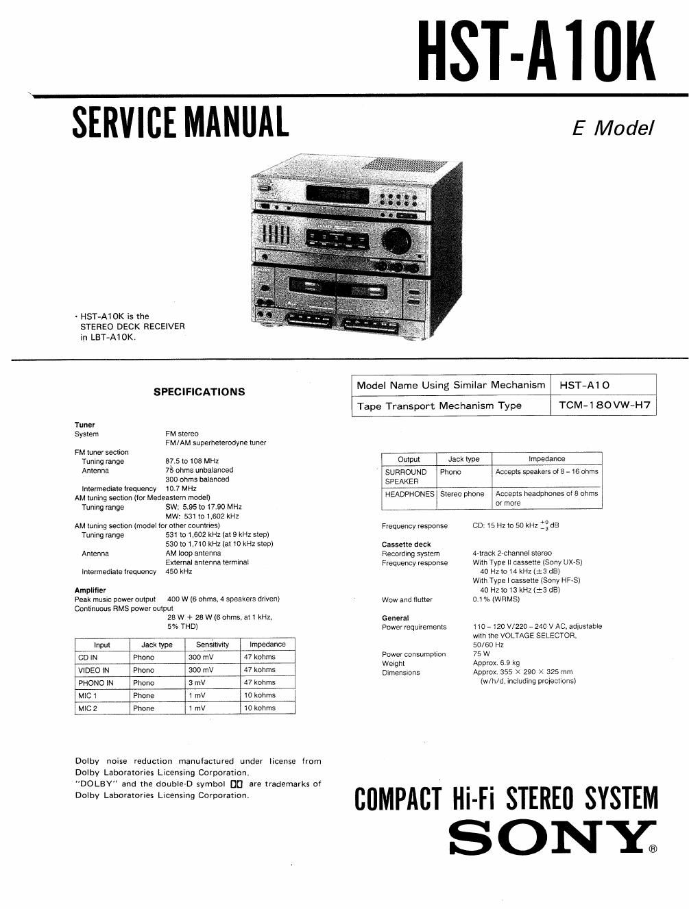 sony hsta 10 k service manual