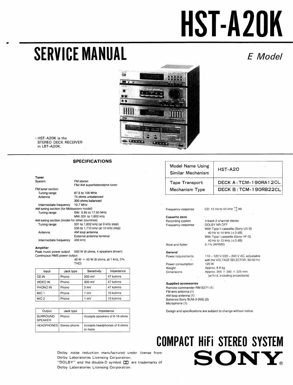 sony hsta 20 k service manual