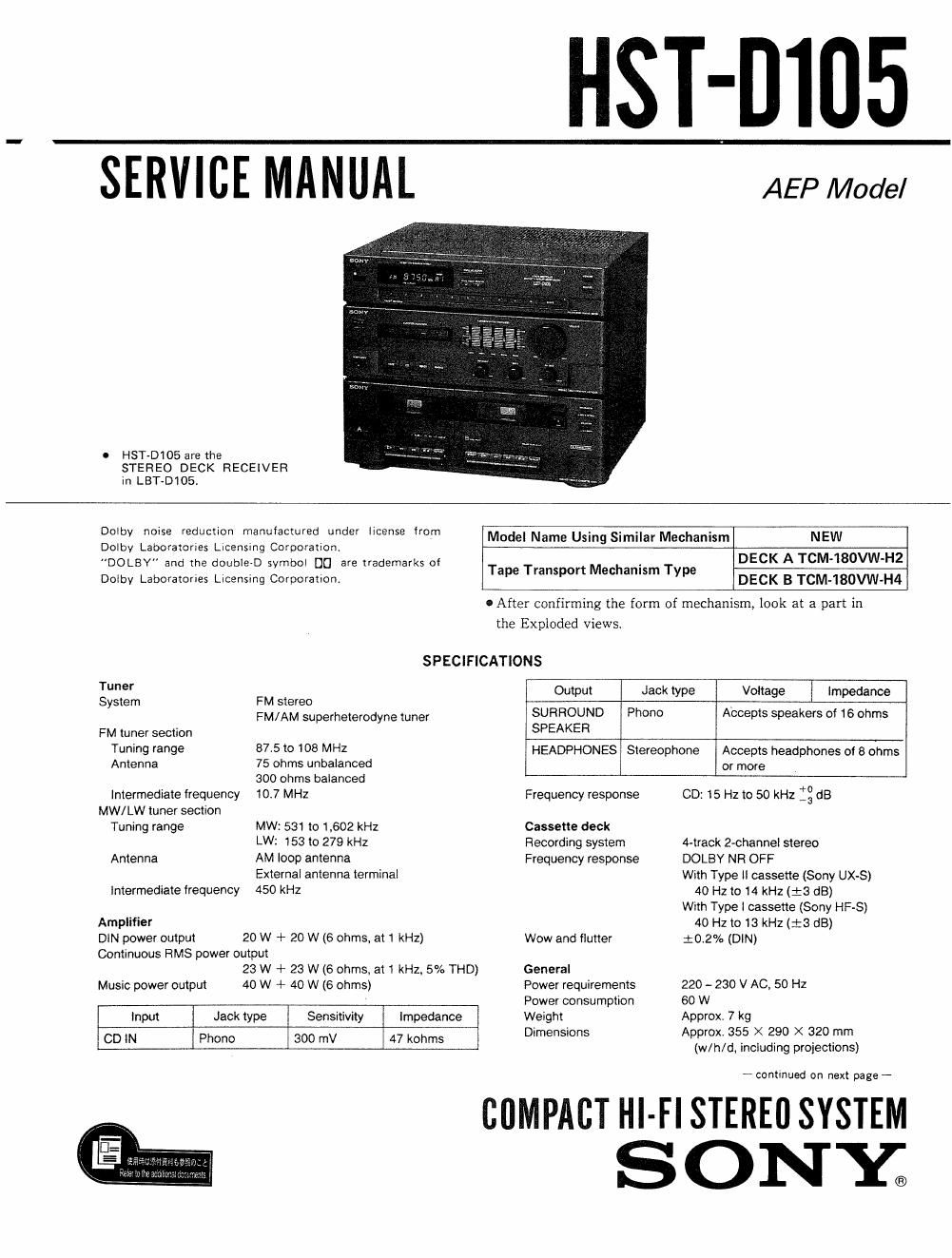 sony hstd 105 service manual