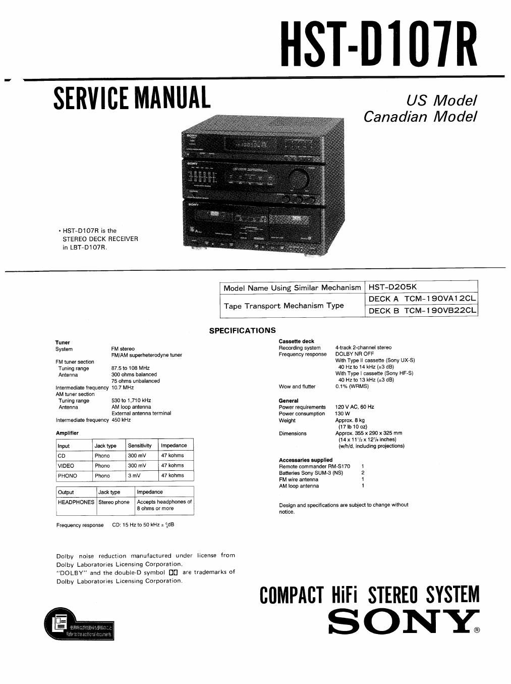 sony hstd 107 r service manual