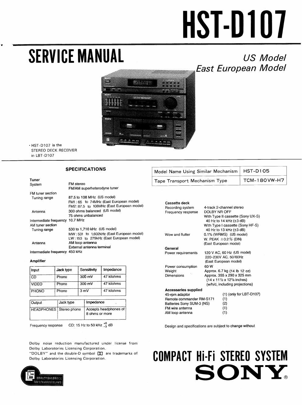 sony hstd 107 service manual