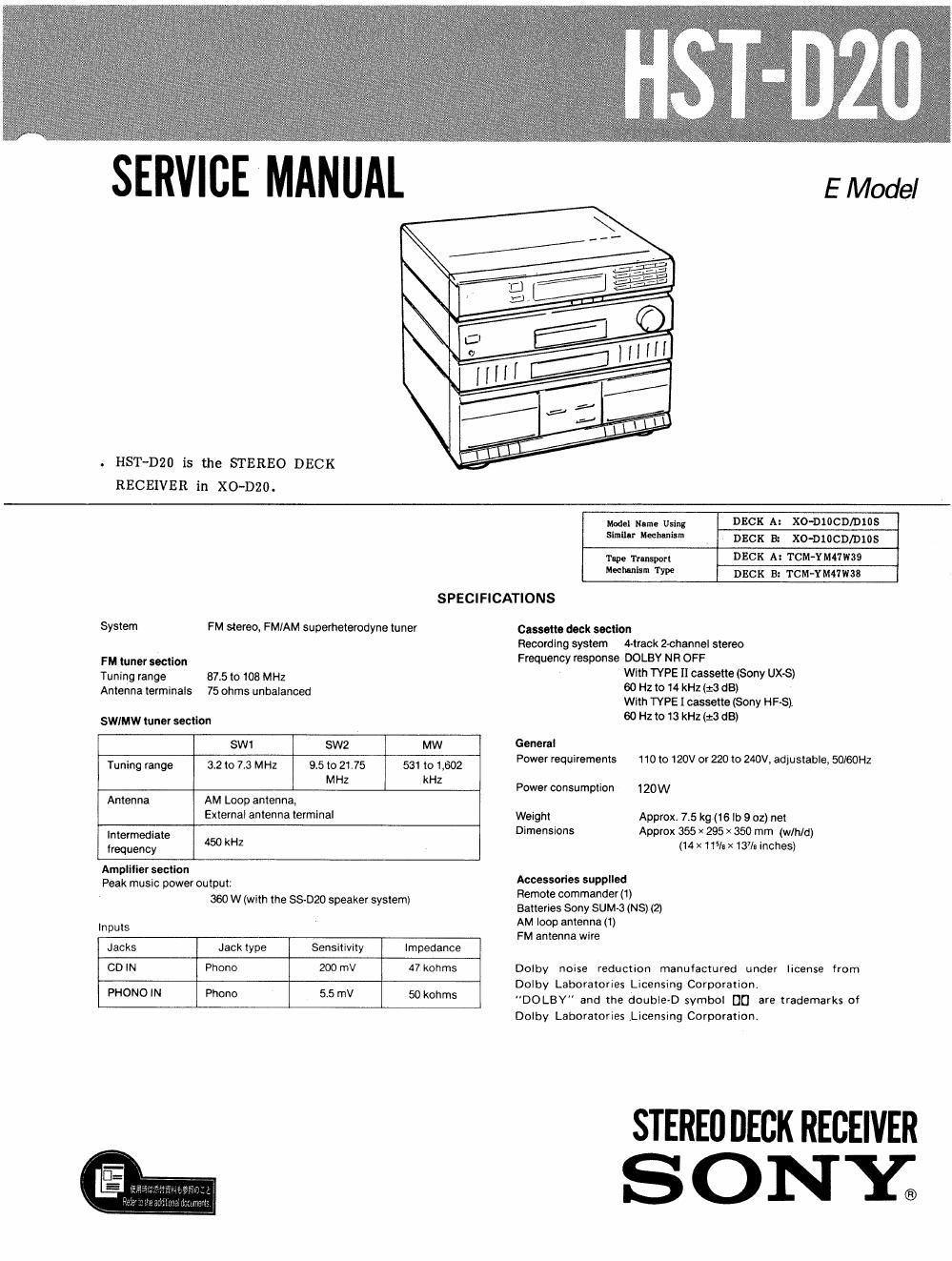 sony hstd 20 service manual