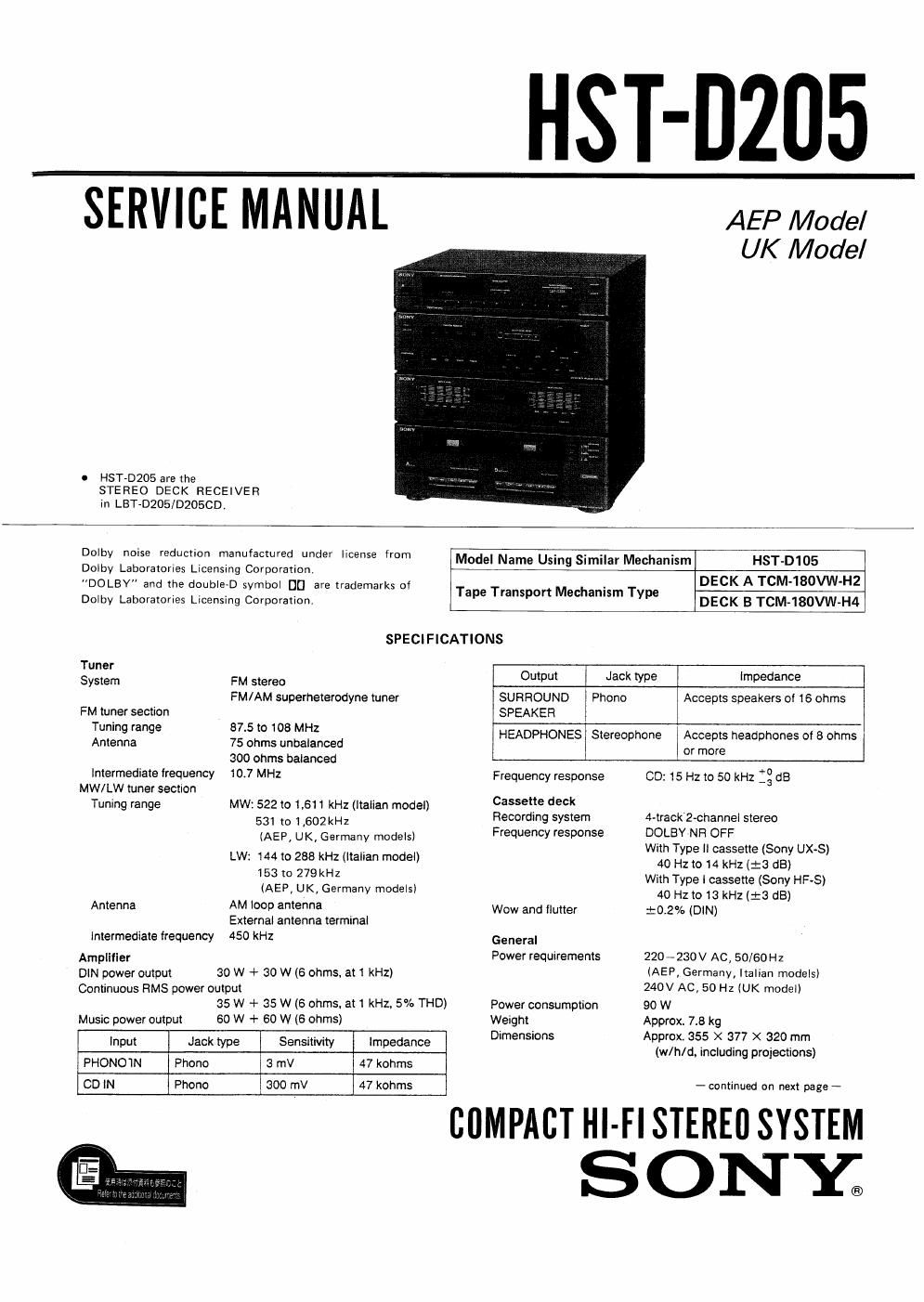 sony hstd 205 service manual