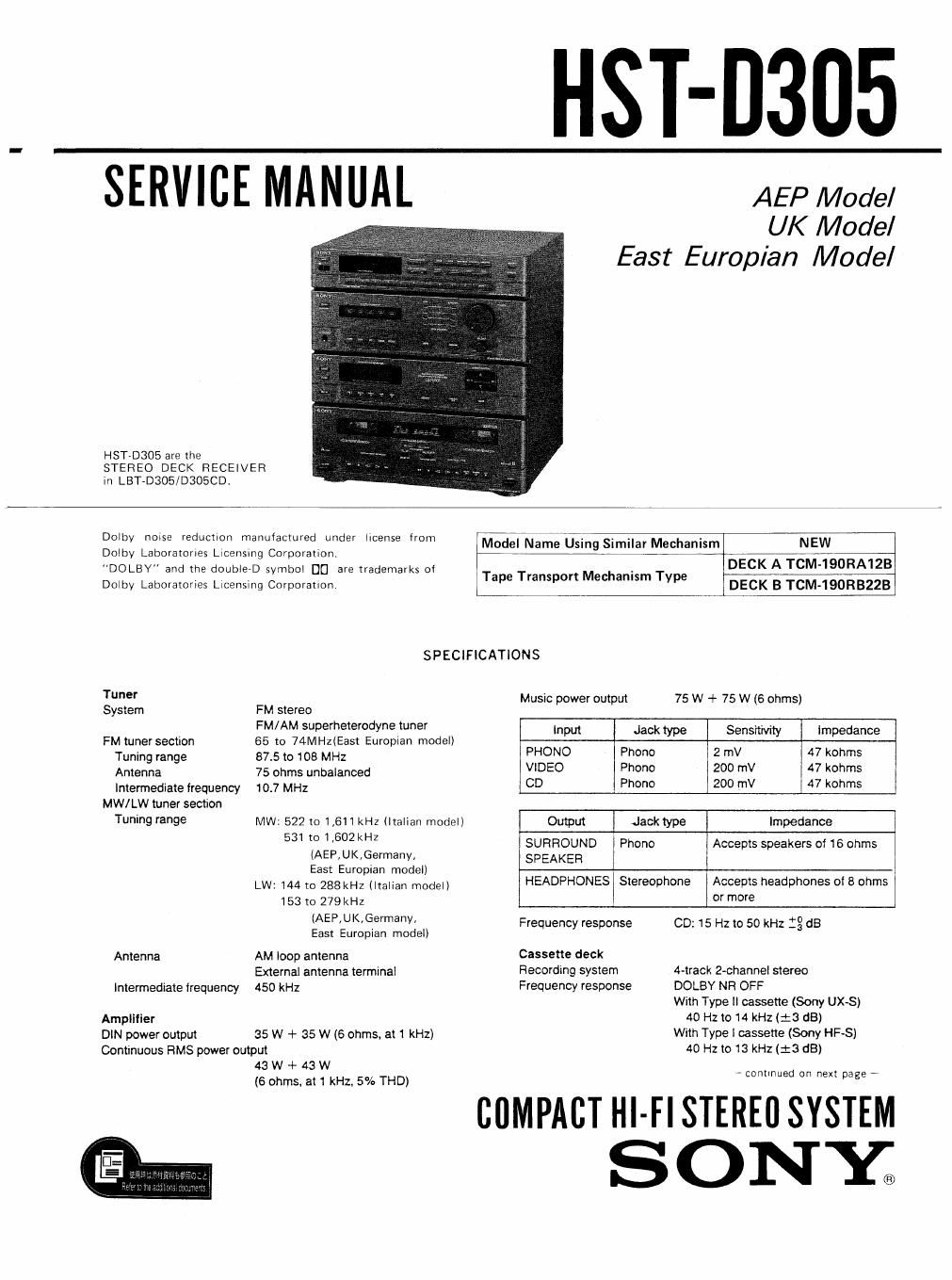sony hstd 305 service manual