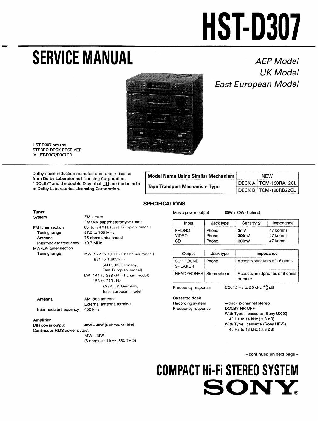 sony hstd 307 service manual