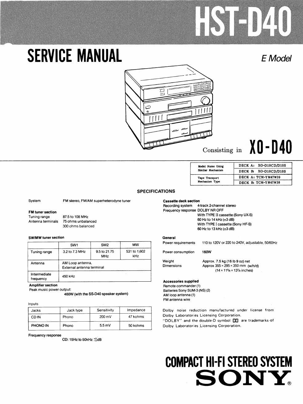 sony hstd 40 service manual