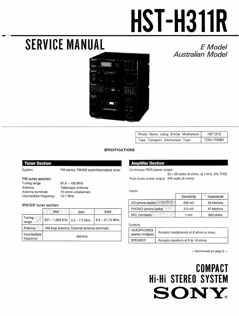sony hsth 311 r service manual