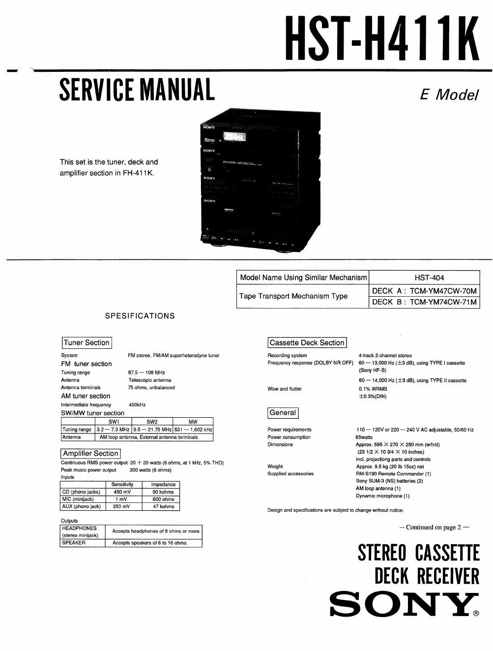 sony hsth 411 k service manual