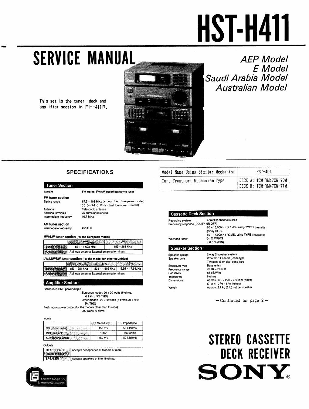 sony hsth 411 service manual