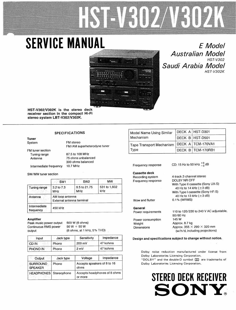 sony hstv 302 service manual