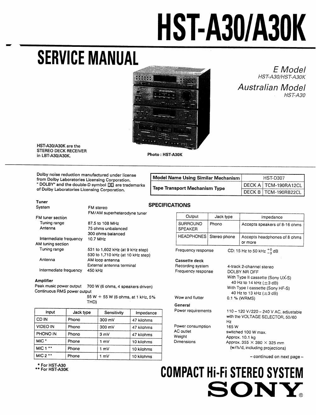 sony hstz 30 service manual