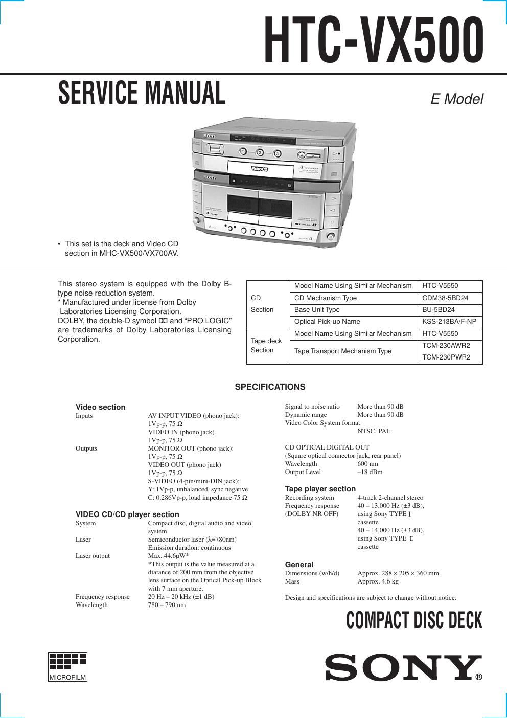 sony htcvx 500 service manual