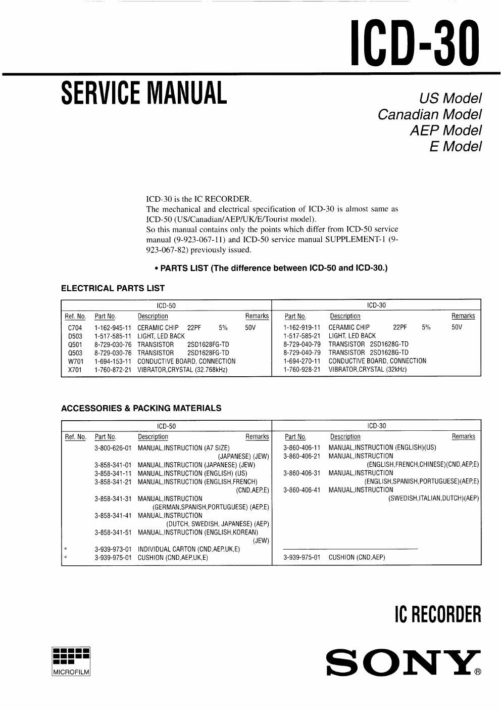 sony icd 30 service manual