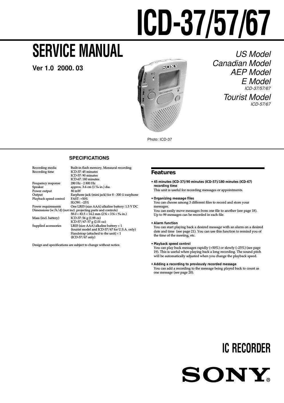 sony icd 37 service manual
