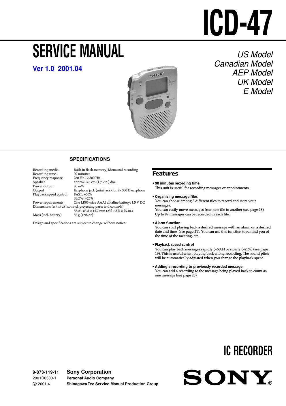 sony icd 47 service manual