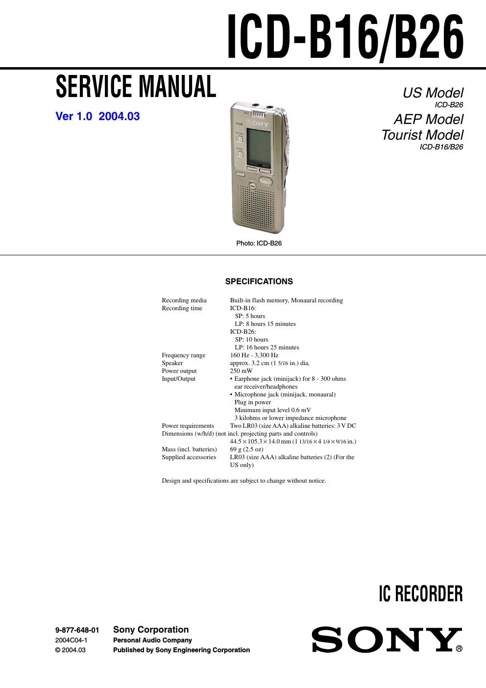 sony icd b 16 service manual