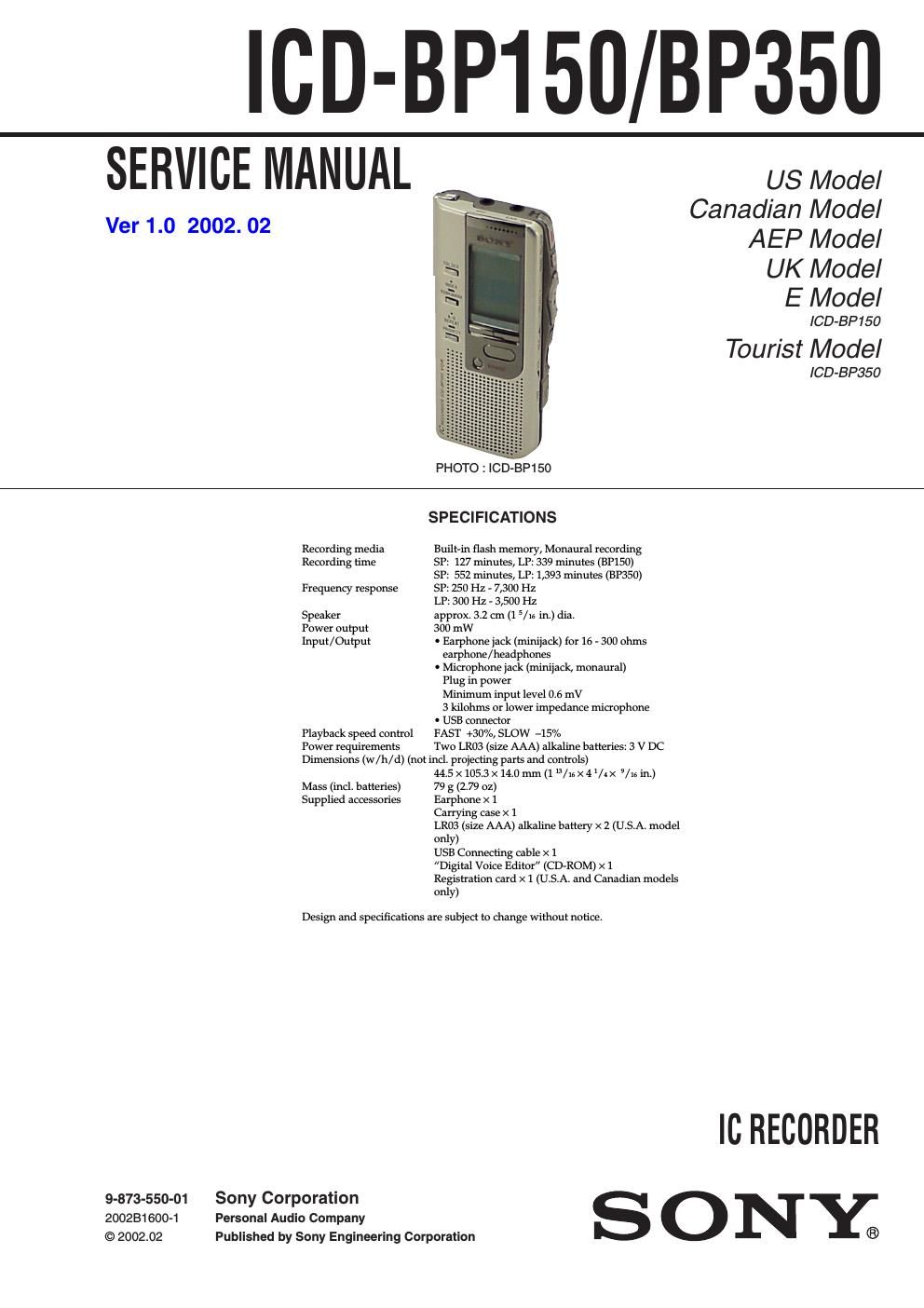 sony icd bp 150 service manual