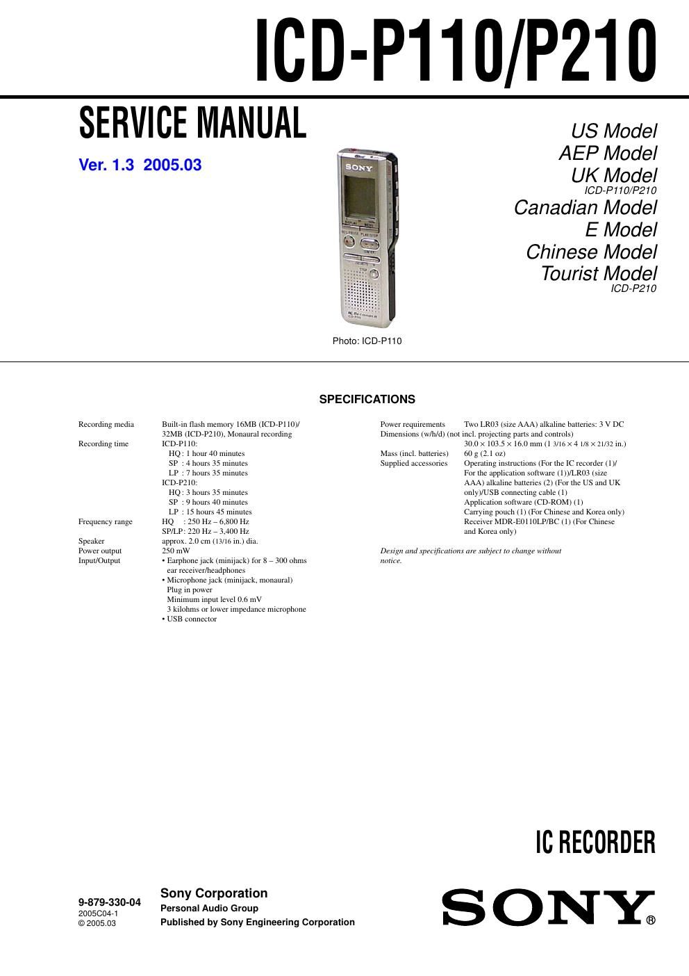 sony icd p 110 service manual