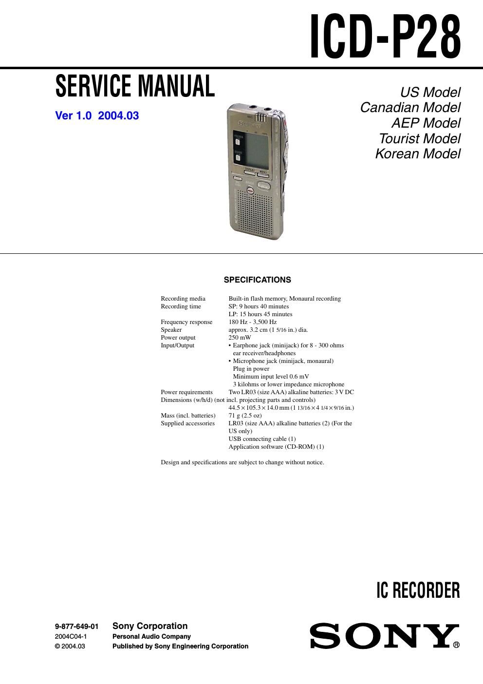 sony icd p 28 service manual